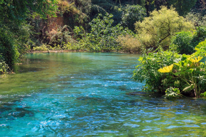 Der Bergsee Syri I Kaltër liegt inmitten der smaragdgrünen Natur eines wunderschönen Märchenwaldes im Süden von Albanien
