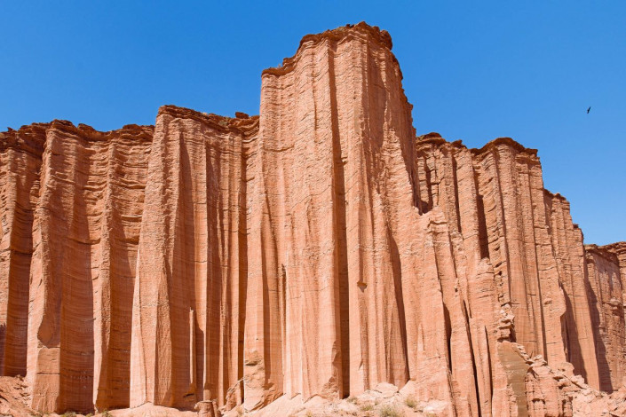 Wie riesige Orgelpfeifen ragen die Sandsteinklippen im Canyon des Talampaya-Nationalparks bis zu 150m in den kobaltblauen Himmel, Argentinien