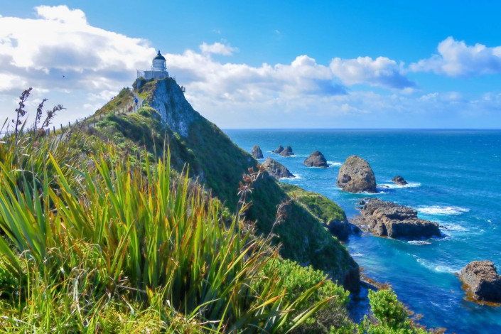 Der Nugget Point ist mit tiefblauem Meer, wie zufällig verstreuten Mini-Inseln und einem schneeweißen Leuchtturm das Postkartenmotiv par excellence, Neuseeland