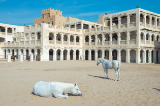 Für die Pferde, die am Souq Waqif zu kaufen sind, wurden eigene exquisite Stallungen errichtet, Doha, Katar / Qatar