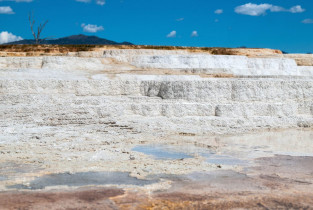 Die Farbschattierungen der Kalksinter-Terrassen bei Mammoth Hot Springs im Yellowstone Nationalpark reichen von schneeweiß bis zu kräftigem Orangebraun, USA