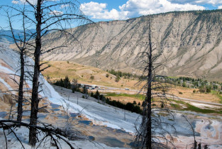 Die Kalk-Terrassen bei Mammoth Hot Springs liegen im Norden des Yellowstone Nationalparks und sind mit dem Auto über den North Loop zu erreichen, USA