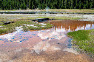 Wolken spiegeln sich in den glasklaren Pools der vulkanischen Quellen im Yellowstone Nationalpark, USA