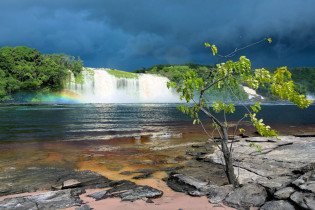 Die Lagune Canaima im Canaima Nationalpark ist Schauplatz des beeindruckenden Wasserfalls El Hacha, Venezuela