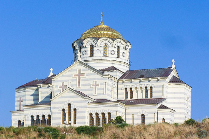Die St. Vlaidimir-Kathedrale an der Ausgrabungsstätte Chersones auf der Halbinsel Krim stammt aus dem 19. Jahrhundert, Ukraine