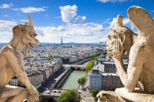 Die berühmten Wasserspeier in Form von Dämonen auf dem Dach von Notre Dame blicken auf Paris, Frankreich