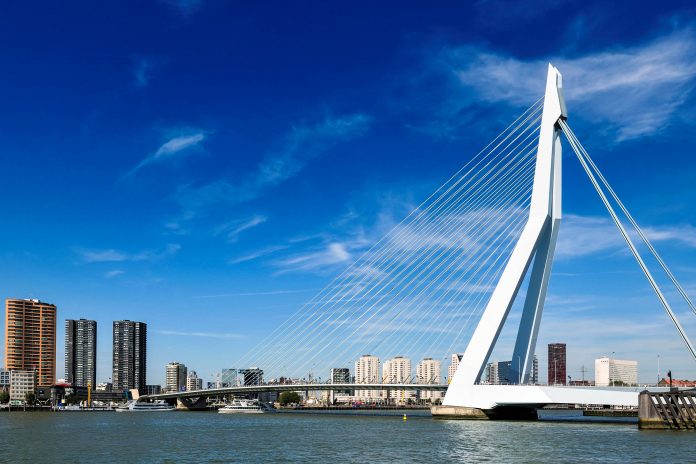 Die Erasmus-Brücke ist eine  Schrägseilbrücke und verbindet die beiden Ufer des Nieuwe Maas und damit die Nord- und Südhälfte von Rotterdam, Niederlande - © Eric Gevaert / Shutterstock