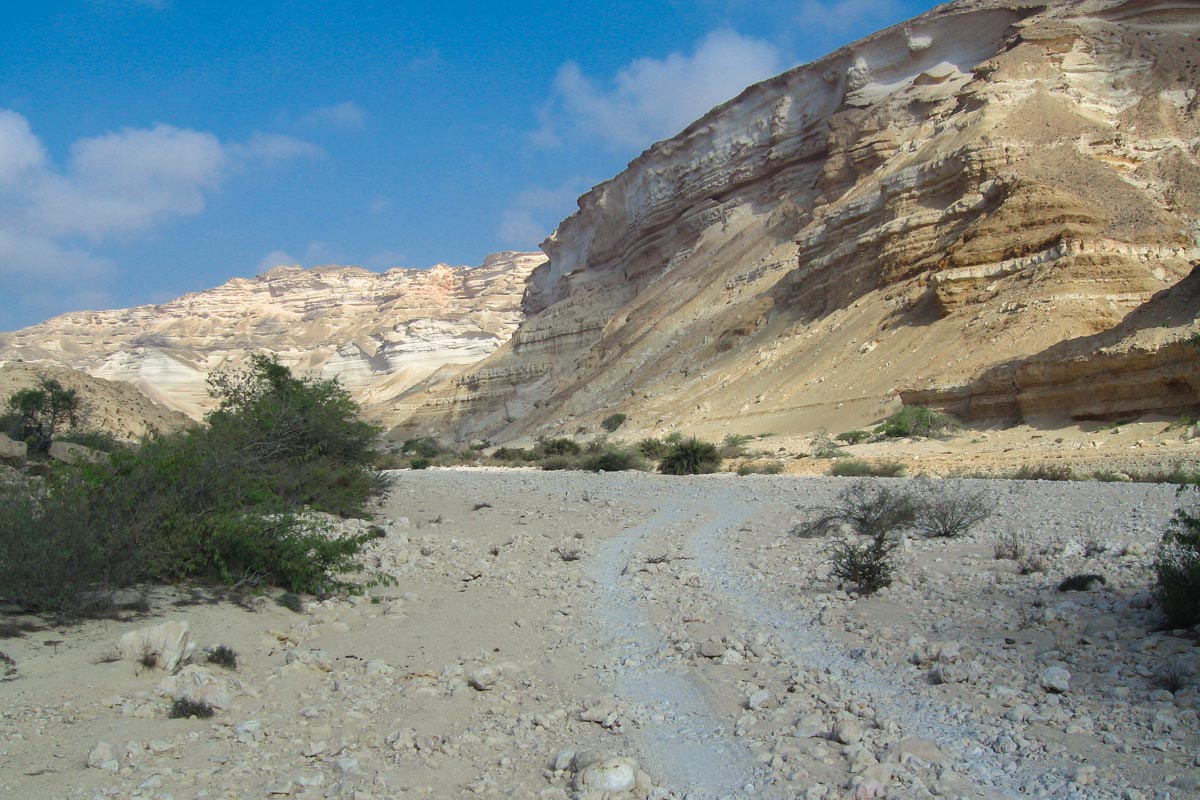 Je weiter man in die Schlucht hineinfährt, desto schwieriger wird es die Spur im Kiesbett zu finden, Wadi Shuwaymiyah, Oman