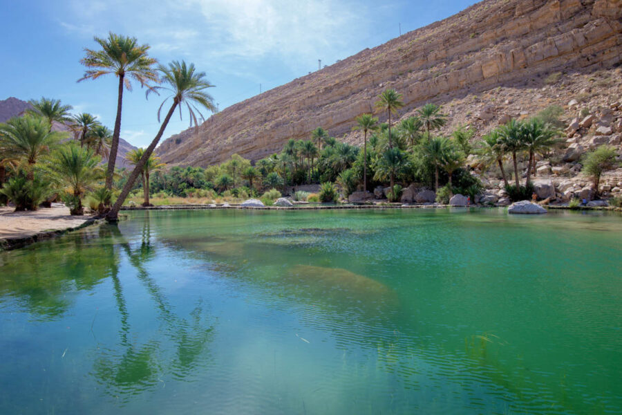Mehrere Quellen, unter anderem Ain Hamouda, Ain al Sarooj und Ain Dawwa, sorgen im Wadi Bani Khalid für die Wasserversorgung der sonst staubtrockenen Umgebung, Oman - © FRASHO / franks-travelbox