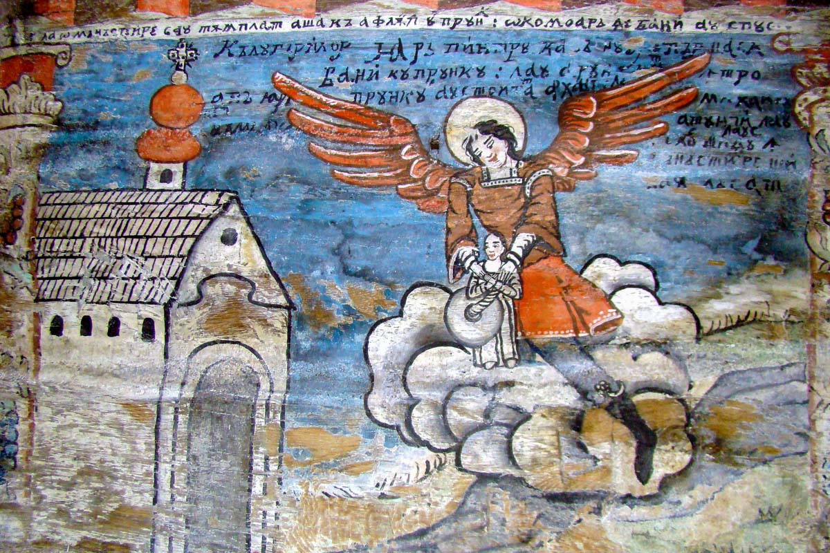 Wandmalerei des Erzengel Gabriel, der ein Kind vor dem Ertrinken rettet, in der Holzkirche von Bârsana, Rumänien