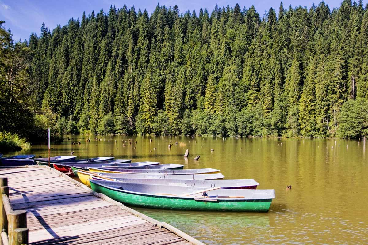 Ruderboote am Ufer des Lacul Roşu in Rumänien laden zu entspannenden Ausflügen über den See ein